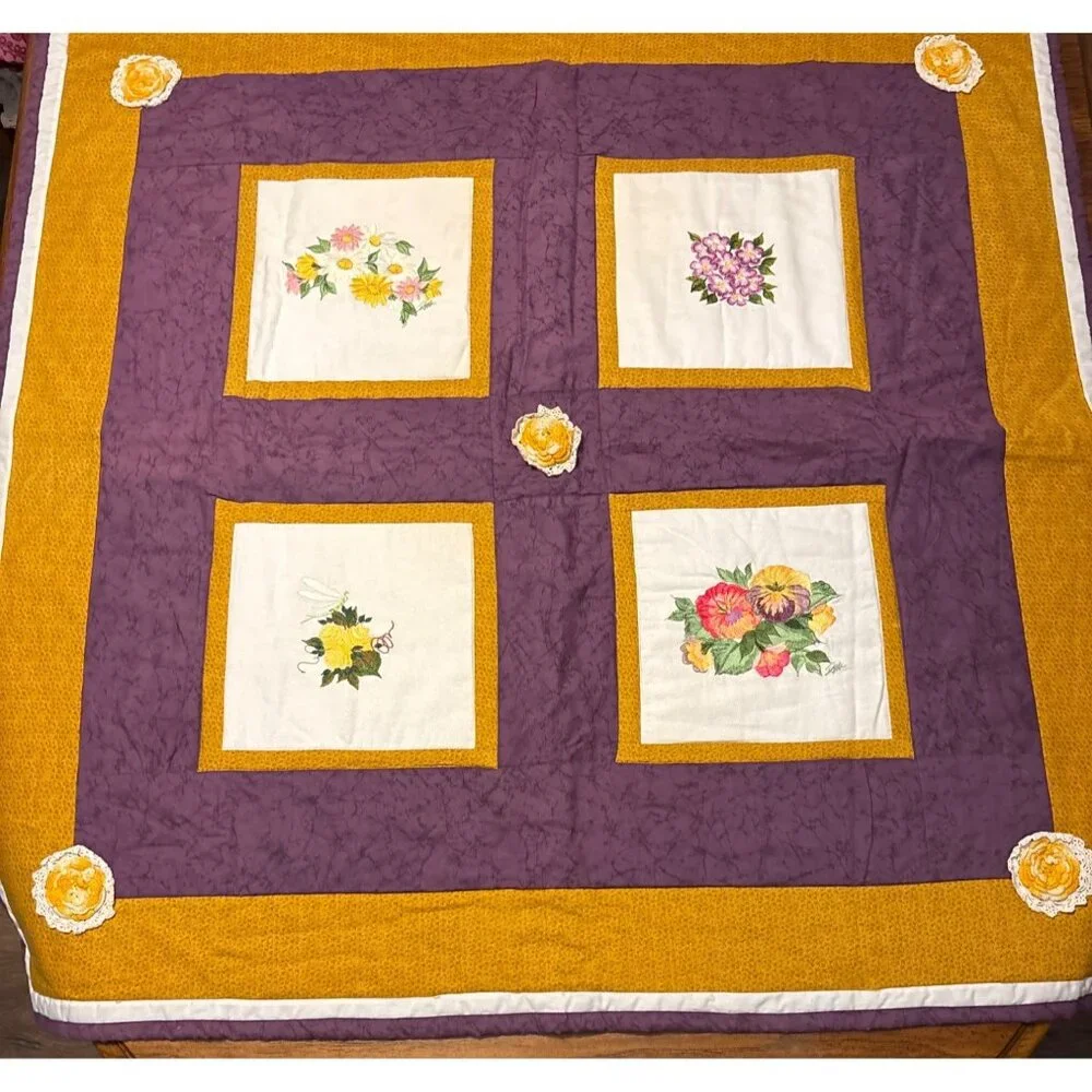 Handcrafted Purple and Gold Quilt With‎ Embroidered & Crocheted Flowers 43x43